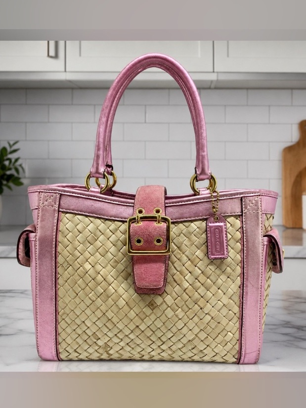 Coach Vintage 2004 Hamptons Pink Metallic Leather, Suede & Straw Tote,